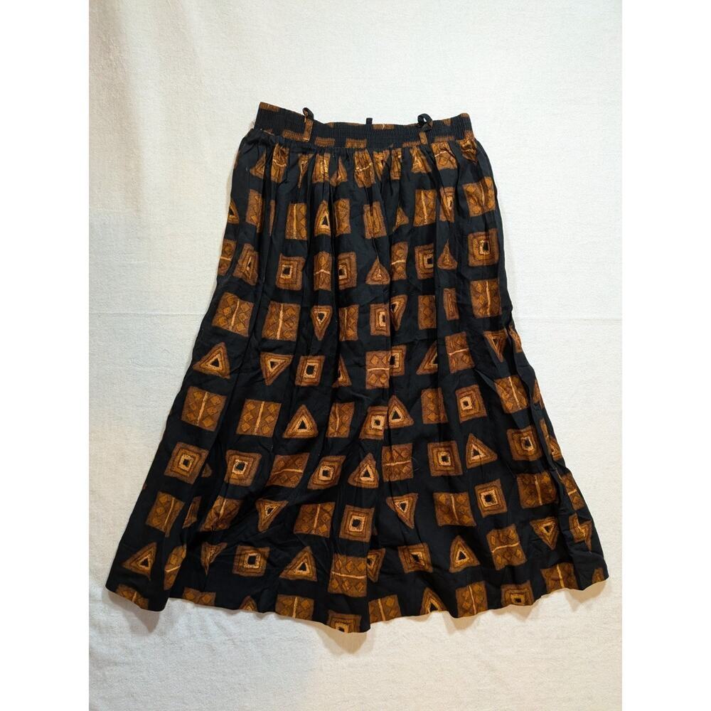 Vintage Connections brown‎ geometric 100% rayon midi skirt size M